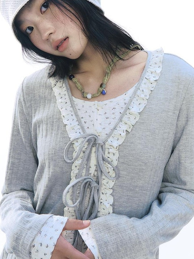 NAPSNAPS Floral Ruffle Tie Front Long Sleeve Knit Women&