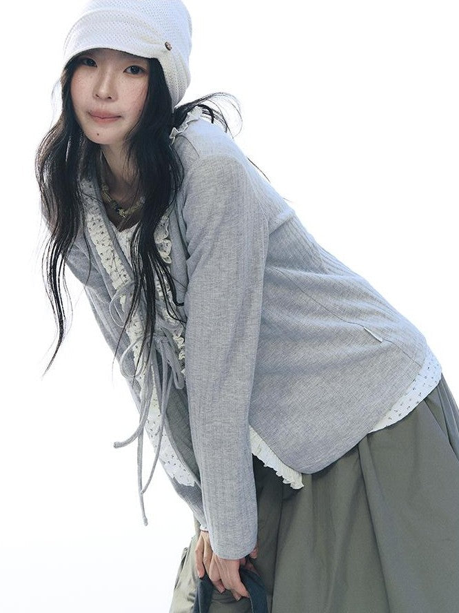 NAPSNAPS Floral Ruffle Tie Front Long Sleeve Knit Women&