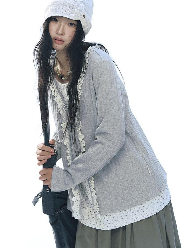 NAPSNAPS Floral Ruffle Tie Front Long Sleeve Knit Women&