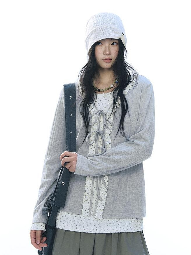 NAPSNAPS Floral Ruffle Tie Front Long Sleeve Knit Women&