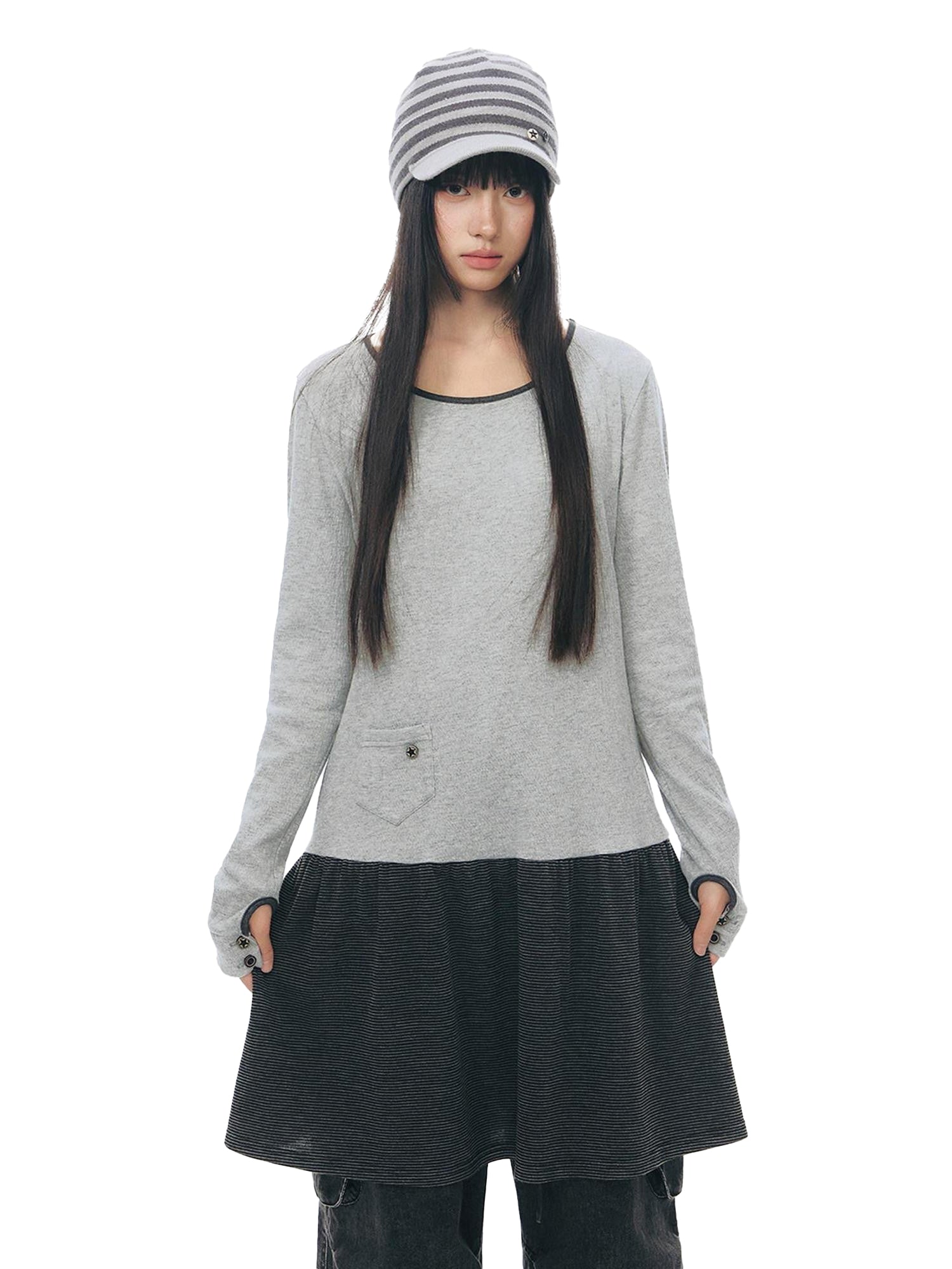 NAPSNAPS Gray Black Paneled Crewneck Knit Women&