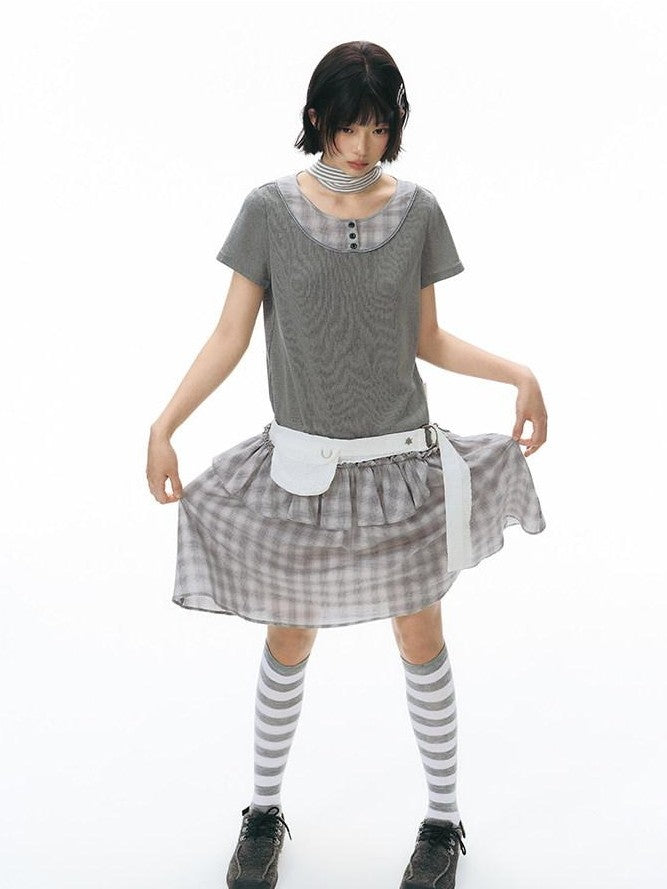 NAPSNAPS Gray Brown Check Shirt Collar Faux Two Piece Puff Women&