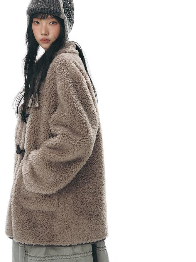 NAPSNAPS Gray Brown Shearling Suede Patch Toggle Scarf Women&