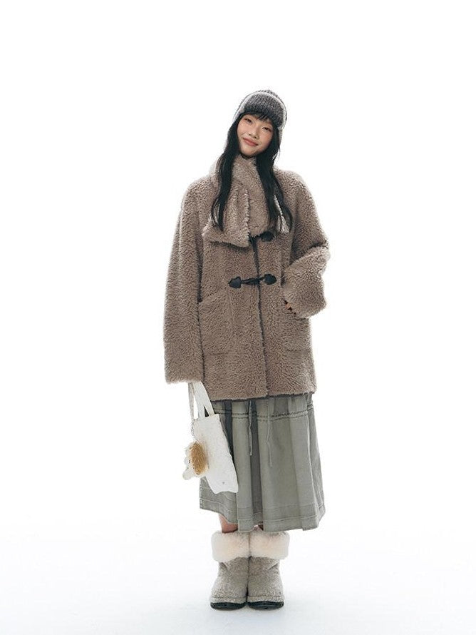 NAPSNAPS Gray Brown Shearling Suede Patch Toggle Scarf Women&