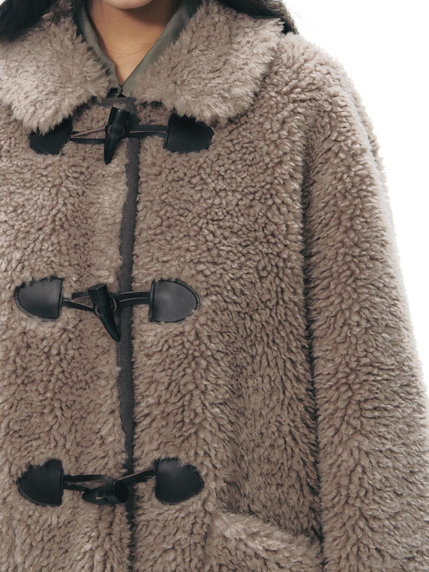 NAPSNAPS Gray Brown Shearling Suede Patch Toggle Scarf Women&