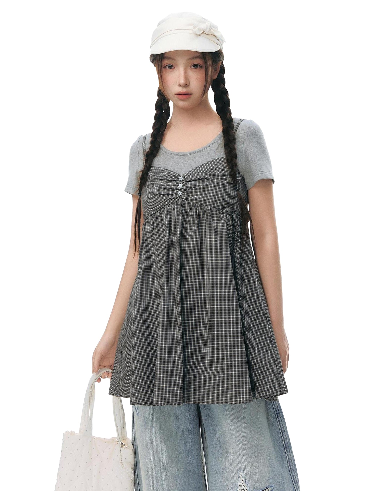 NAPSNAPS Gray Khaki Plaid Faux Layered Women&