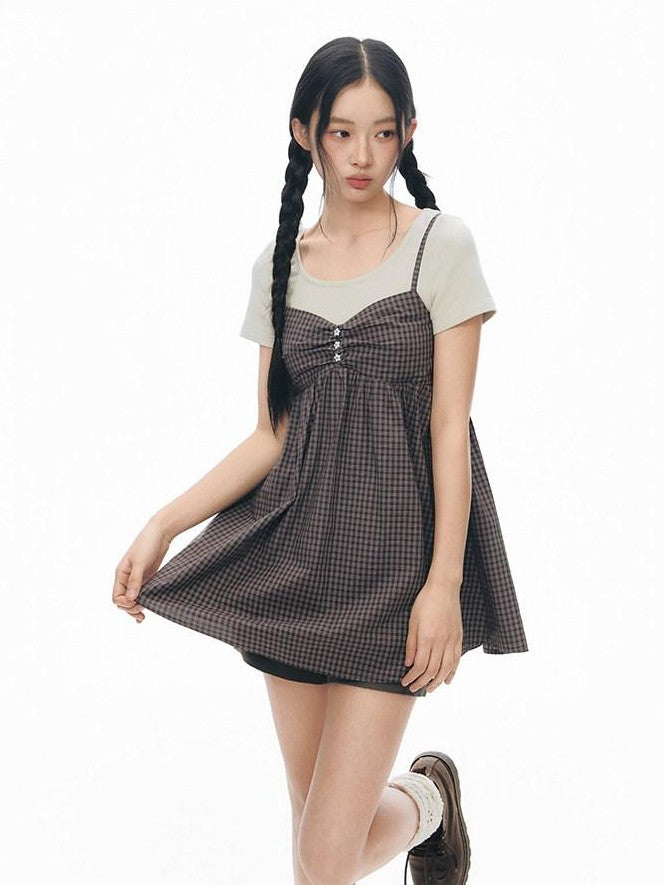NAPSNAPS Gray Khaki Plaid Faux Layered Women&