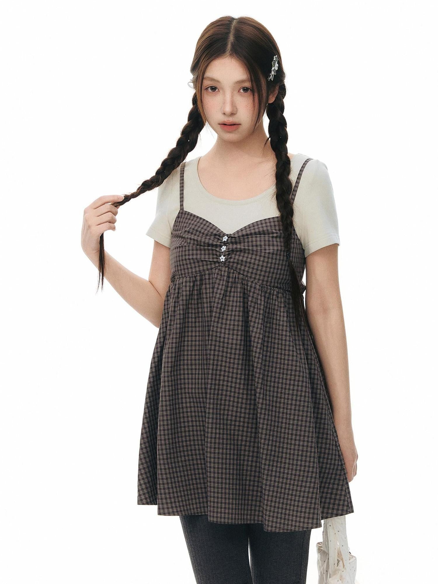 NAPSNAPS Gray Khaki Plaid Faux Layered Women&
