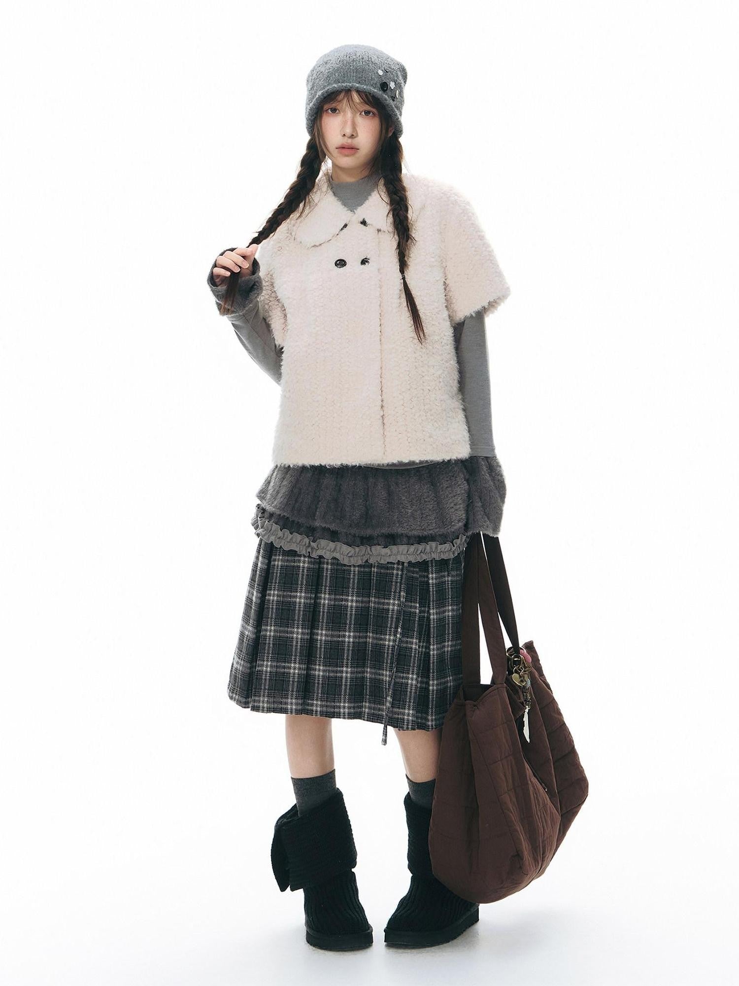 NAPSNAPS Gray Plaid Double Waist Tie Tweed Women&