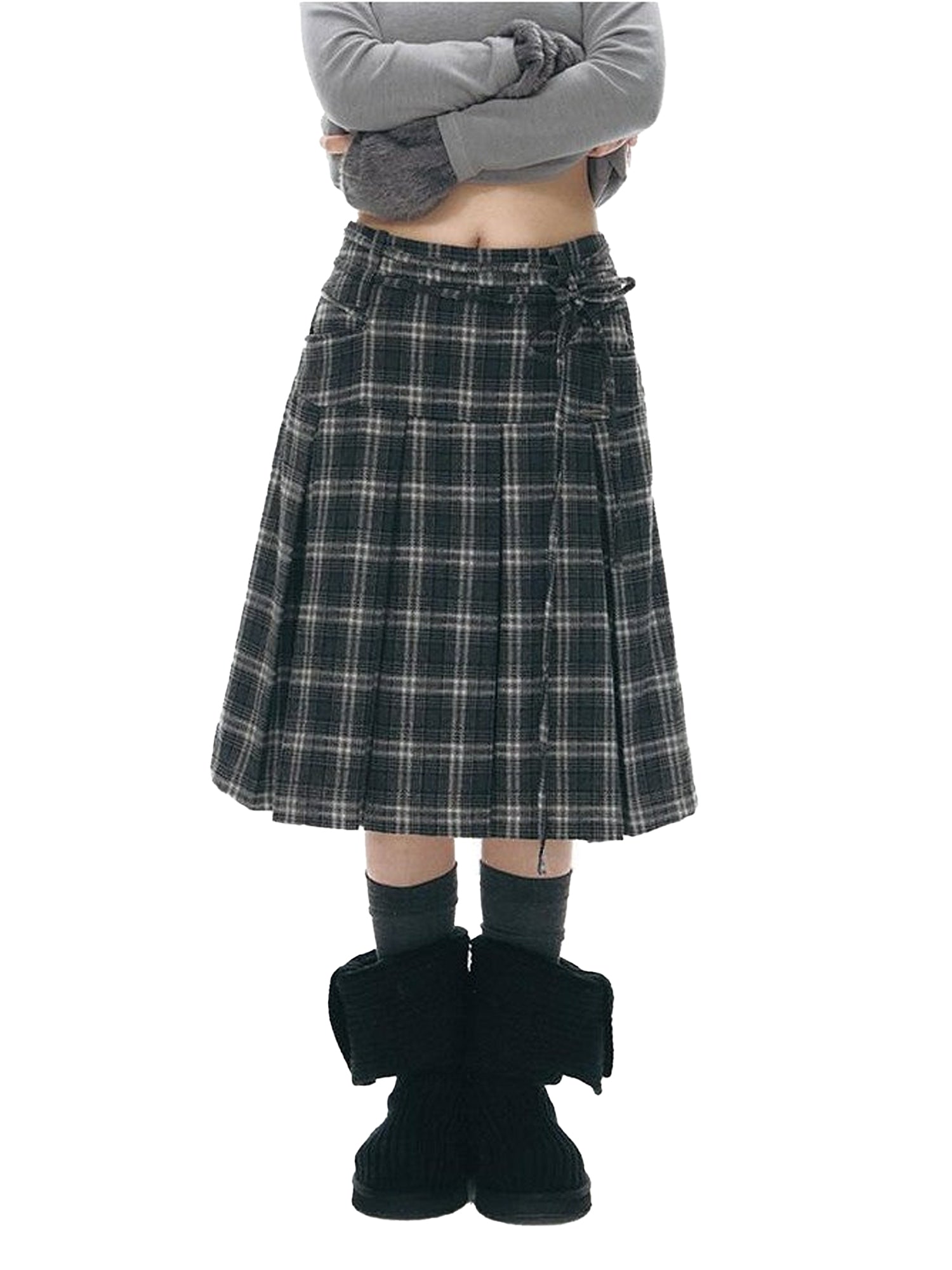NAPSNAPS Gray Plaid Double Waist Tie Tweed Women&