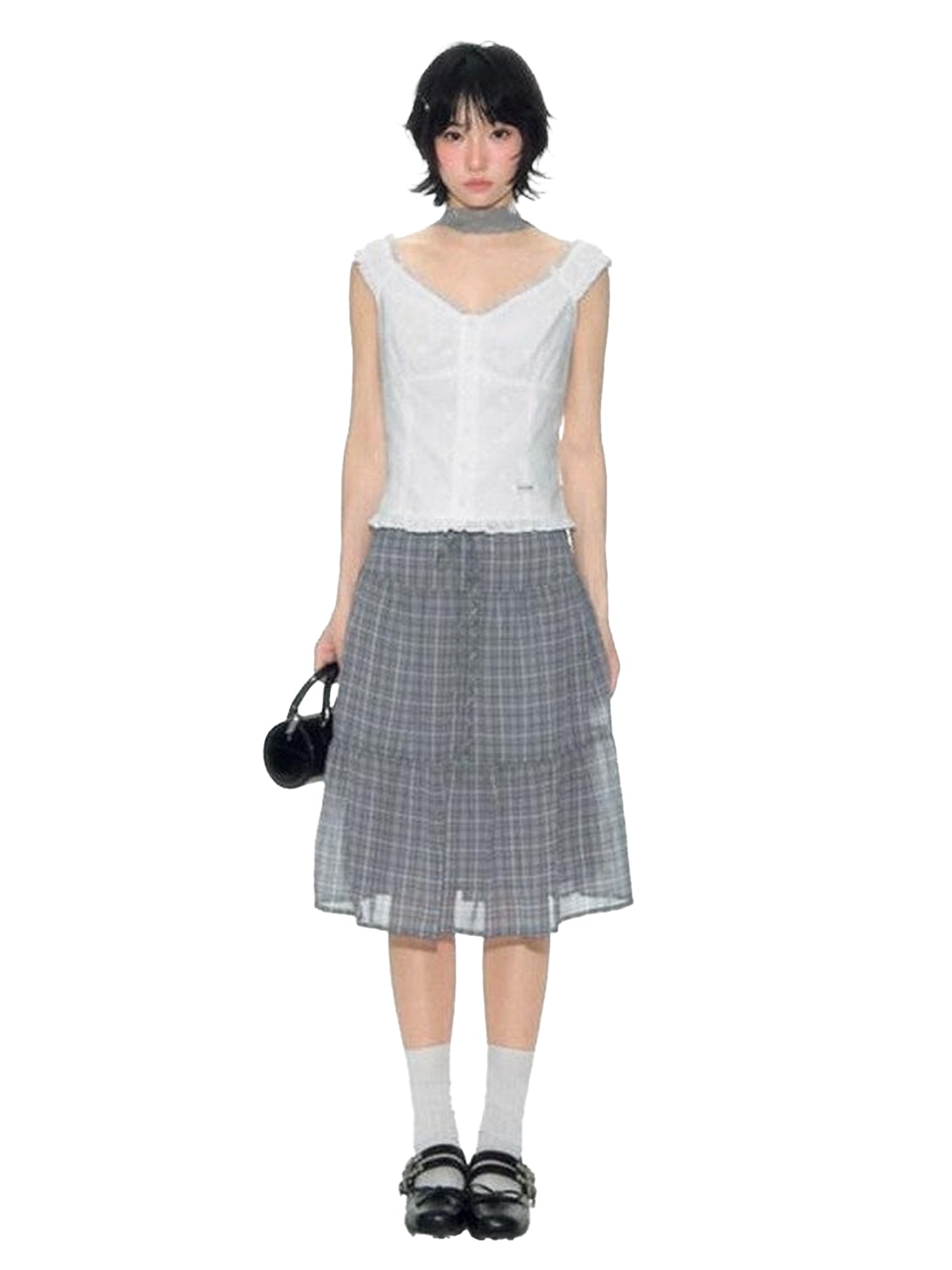 NAPSNAPS Gray Purple Plaid Tulle Spliced A Line Women&