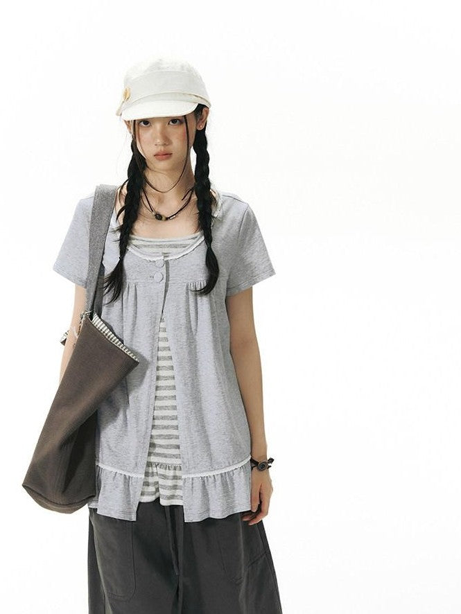 NAPSNAPS Gray Ruffle Spliced Faux Two Piece Women&