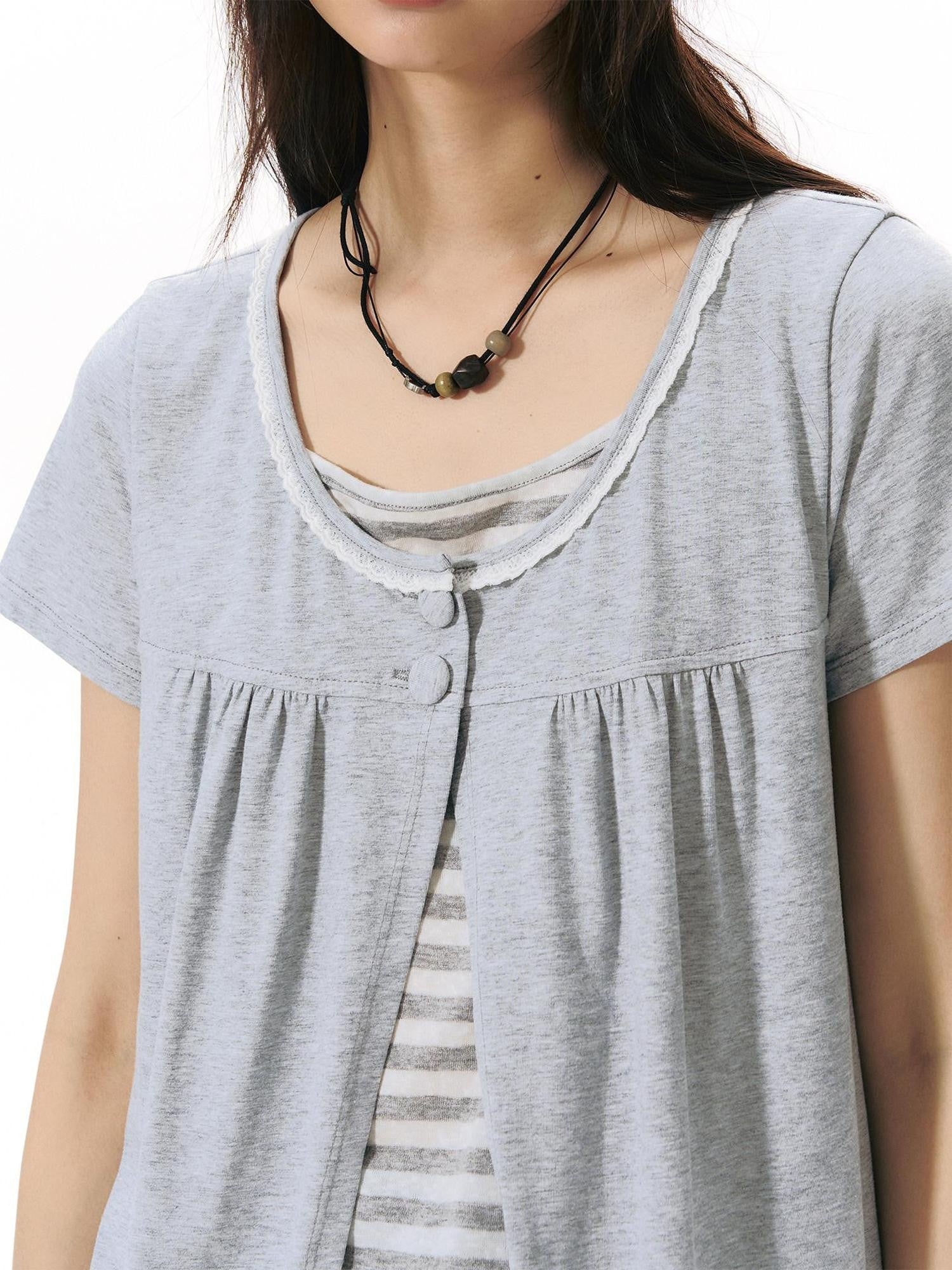 NAPSNAPS Gray Ruffle Spliced Faux Two Piece Women&