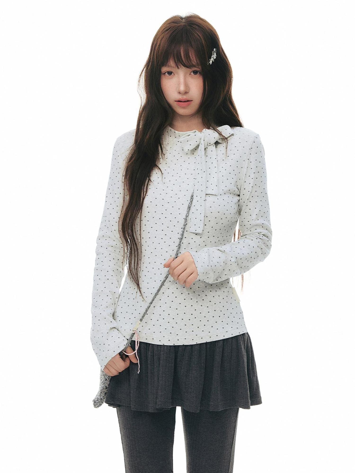NAPSNAPS Gray Star Tie Button Stand Collar Slim Women&