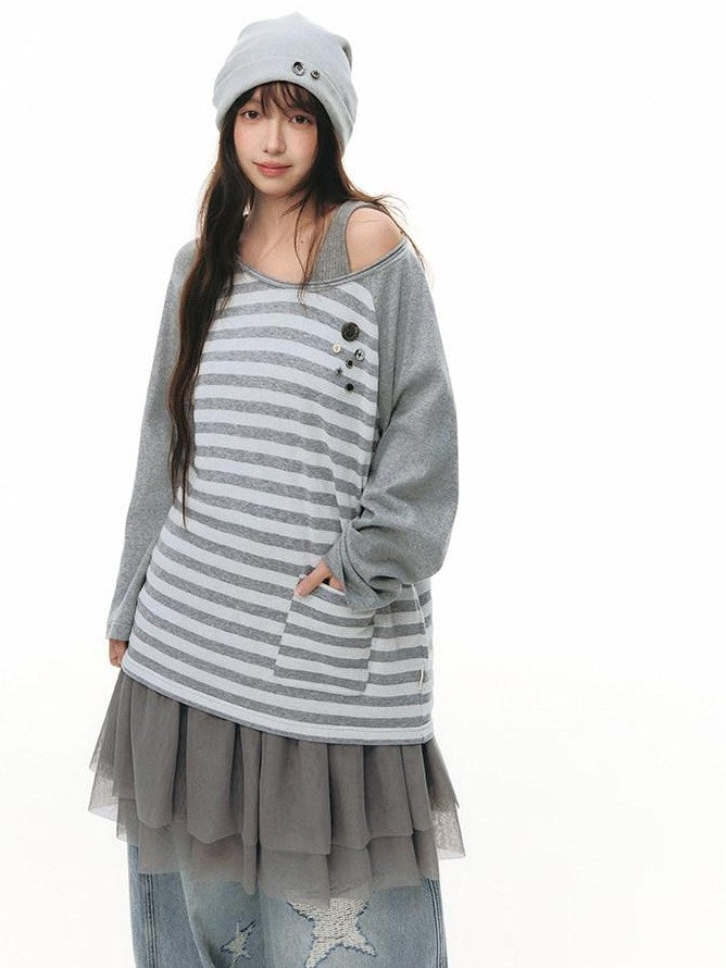 NAPSNAPS Gray Striped Button Raglan Pocket Women&