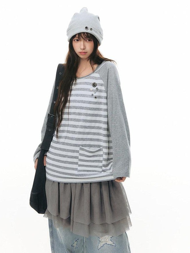 NAPSNAPS Gray Striped Button Raglan Pocket Women&