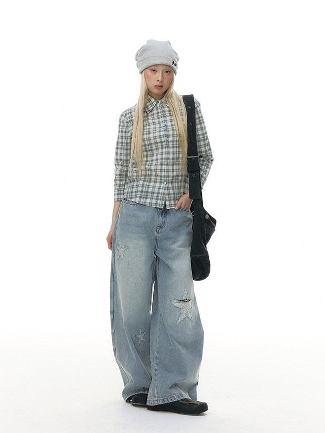 NAPSNAPS Green Plaid Fitted Cinched Waist Button Collar Women&