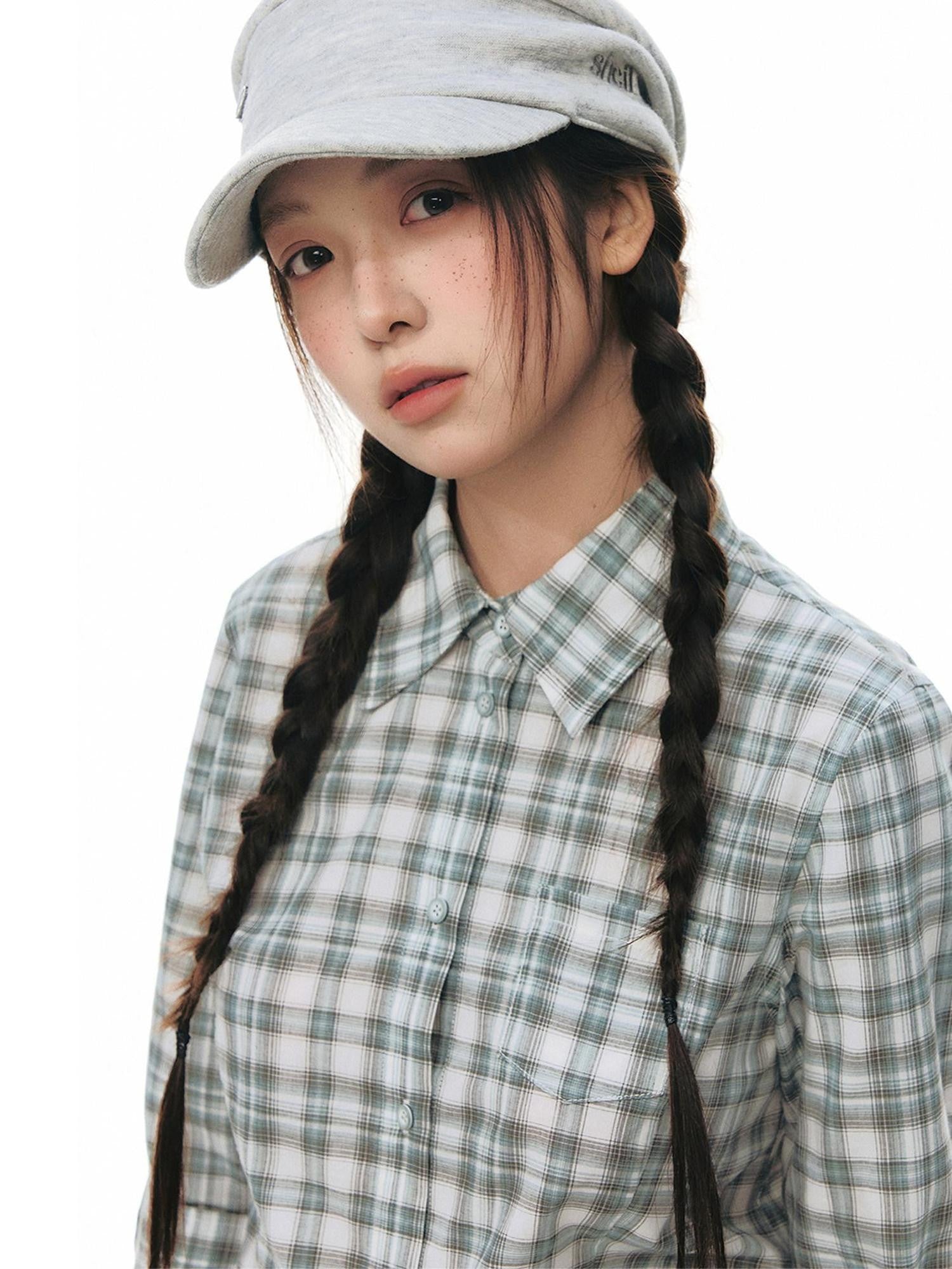 NAPSNAPS Green Plaid Fitted Cinched Waist Button Collar Women&