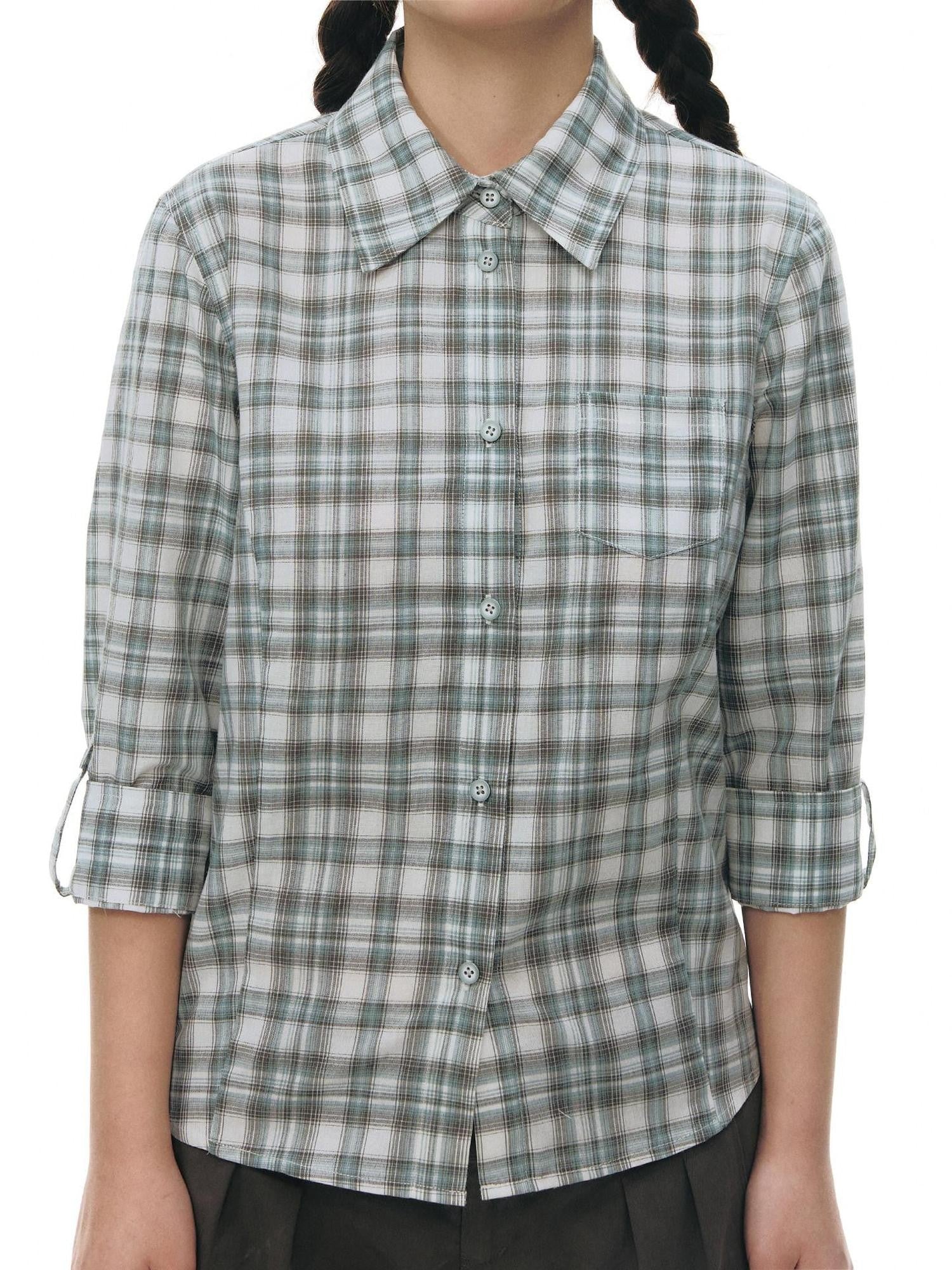NAPSNAPS Green Plaid Fitted Cinched Waist Button Collar Women&