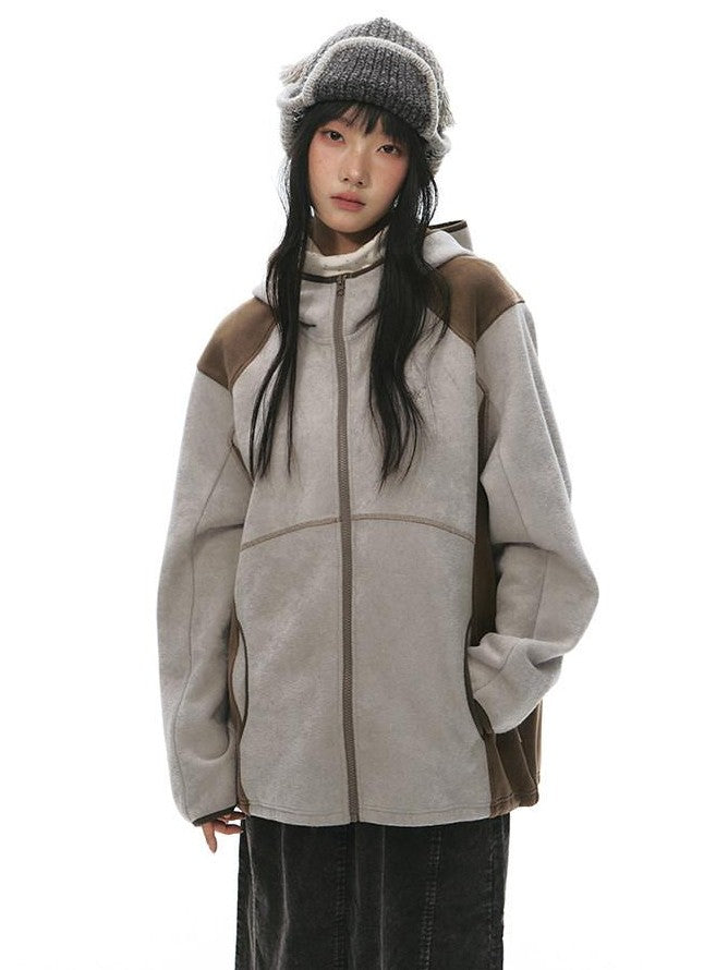 NAPSNAPS Grey Brown Patchwork Polar Fleece Hooded Zip Women&