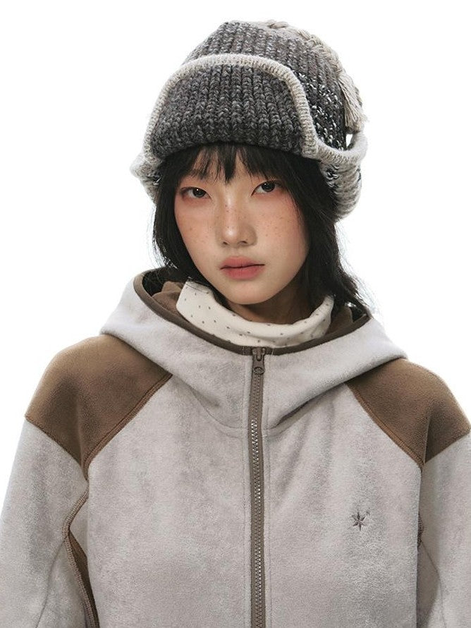 NAPSNAPS Grey Brown Patchwork Polar Fleece Hooded Zip Women&