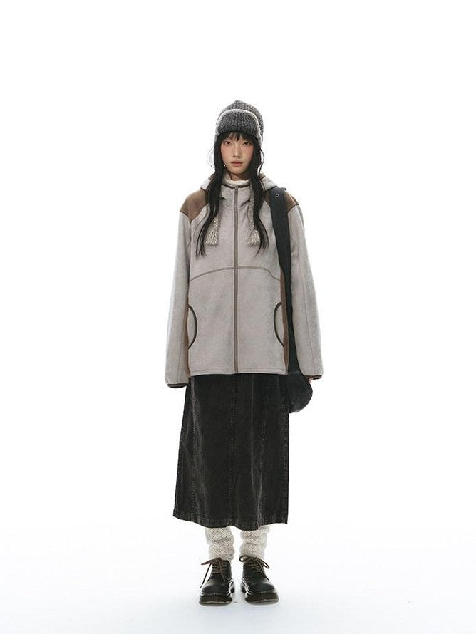 NAPSNAPS Grey Brown Patchwork Polar Fleece Hooded Zip Women&