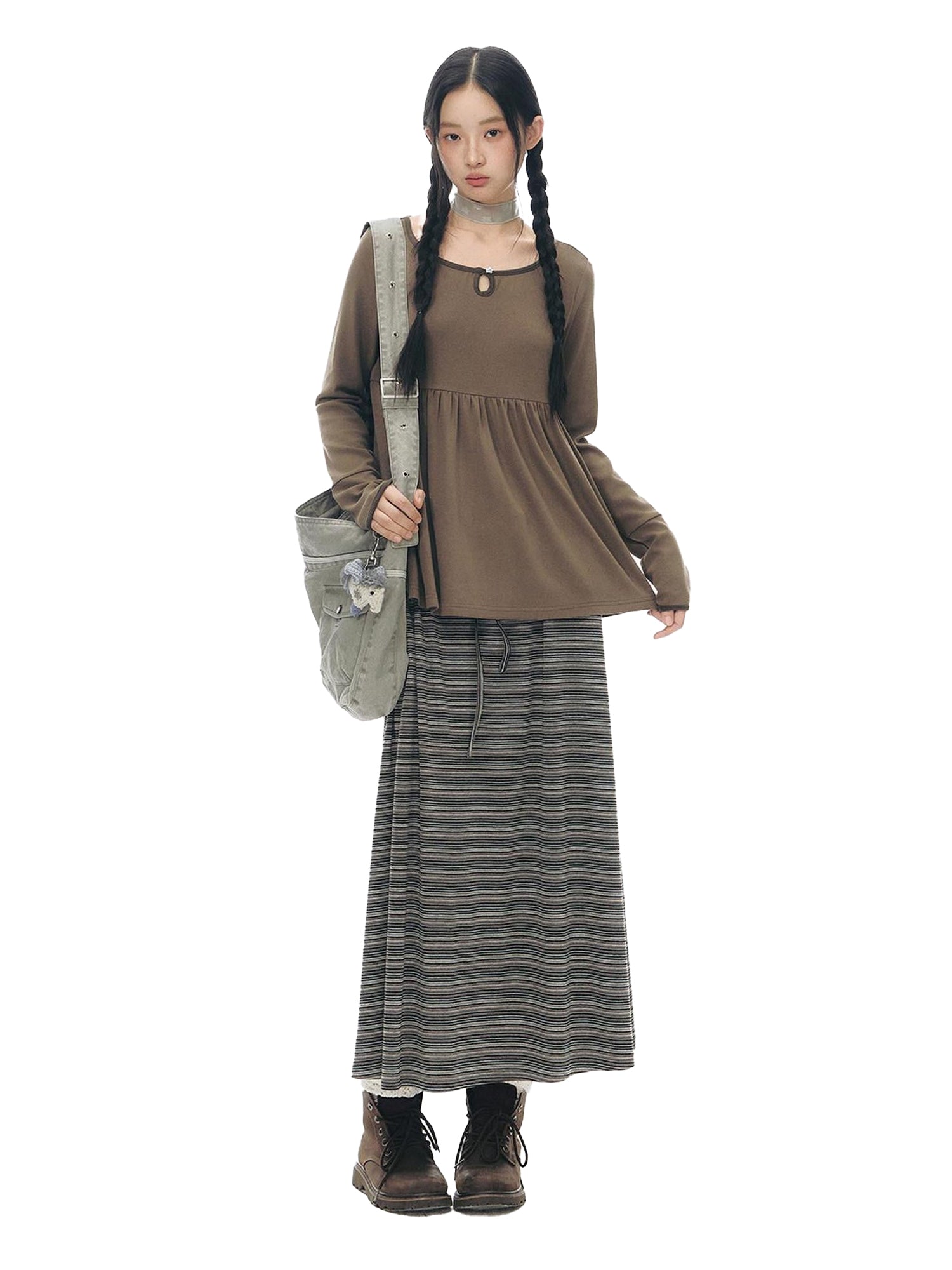 NAPSNAPS Grey Coffee Striped Drawstring Tie Straight Women&