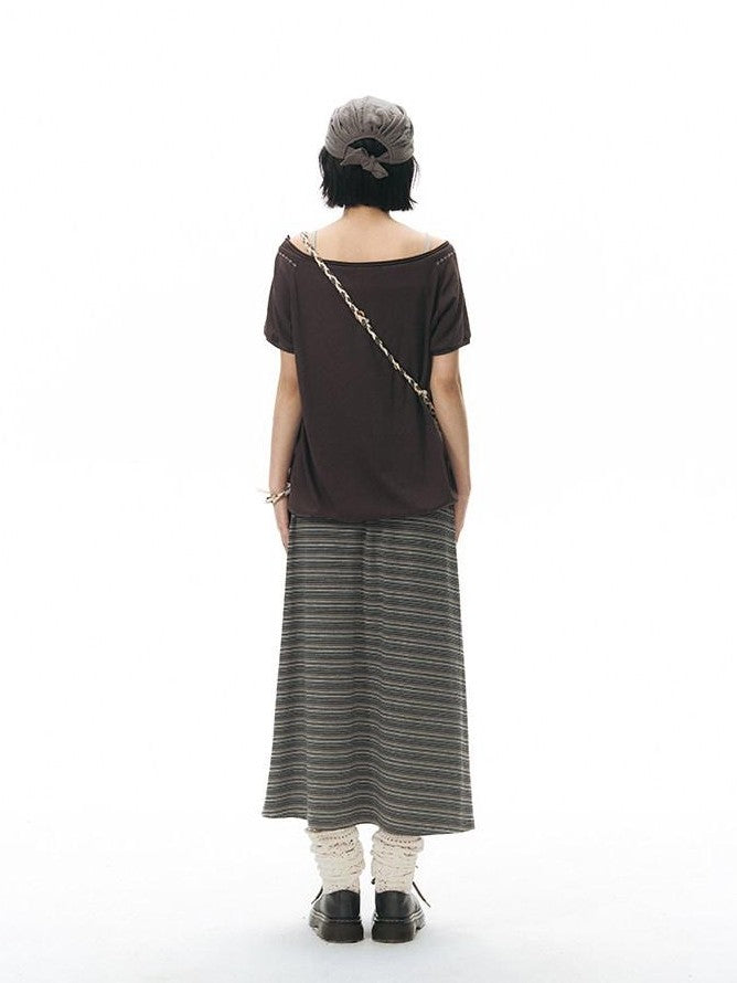 NAPSNAPS Grey Coffee Striped Drawstring Tie Straight Women&