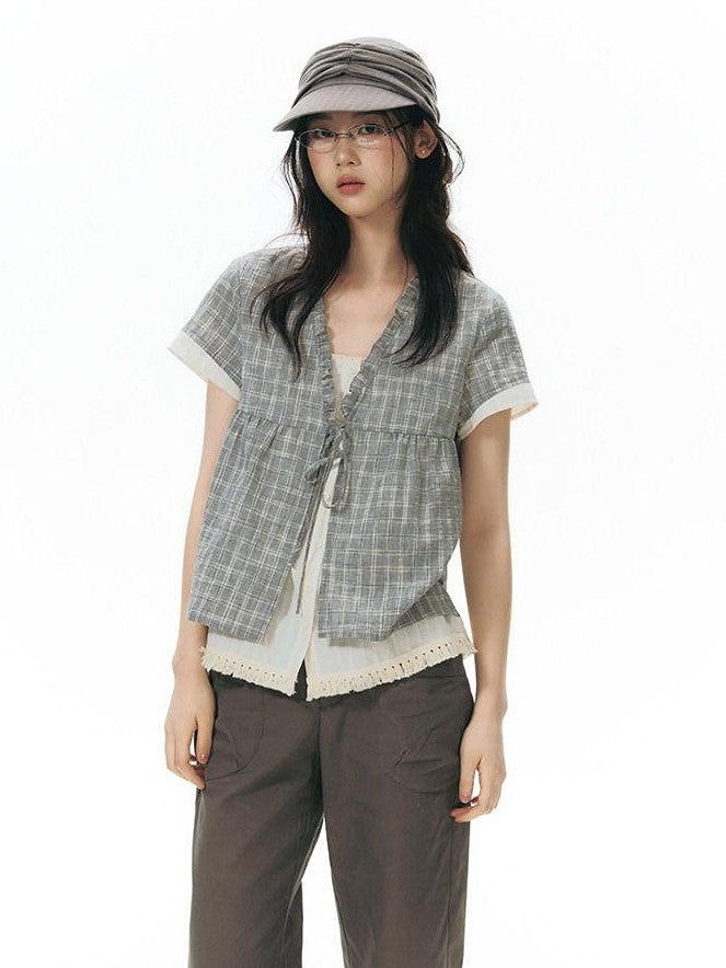 NAPSNAPS Grey Green Plaid Ruffle Tie V-neck Open Cardigan Women&