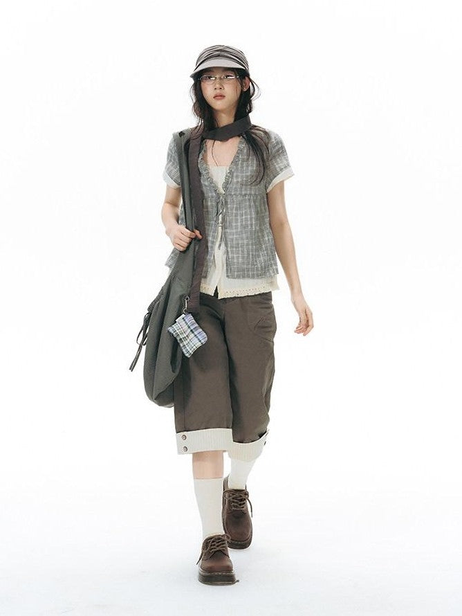 NAPSNAPS Grey Green Plaid Ruffle Tie V-neck Open Cardigan Women&