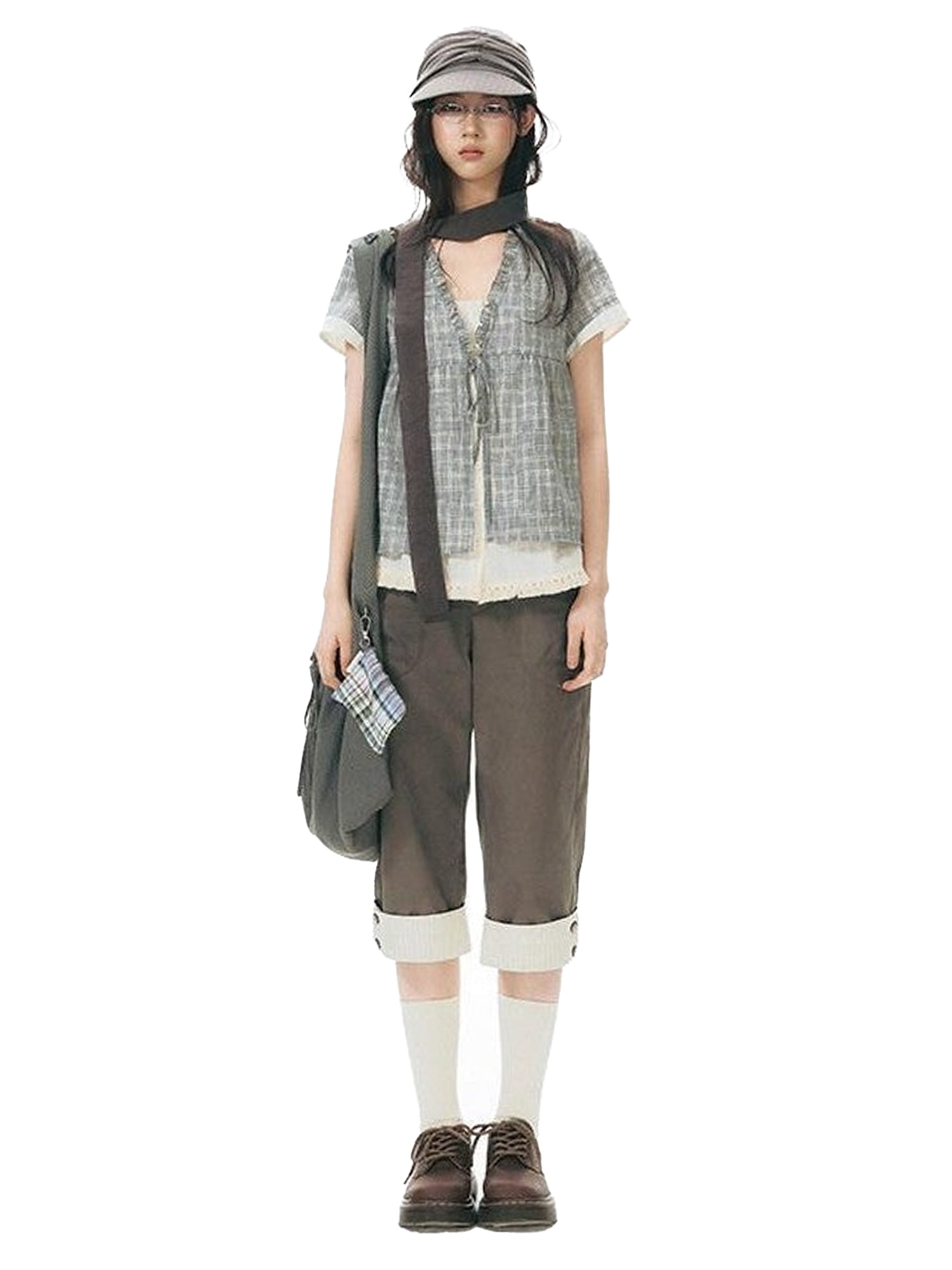 NAPSNAPS Grey Green Plaid Ruffle Tie V-neck Open Cardigan Women&