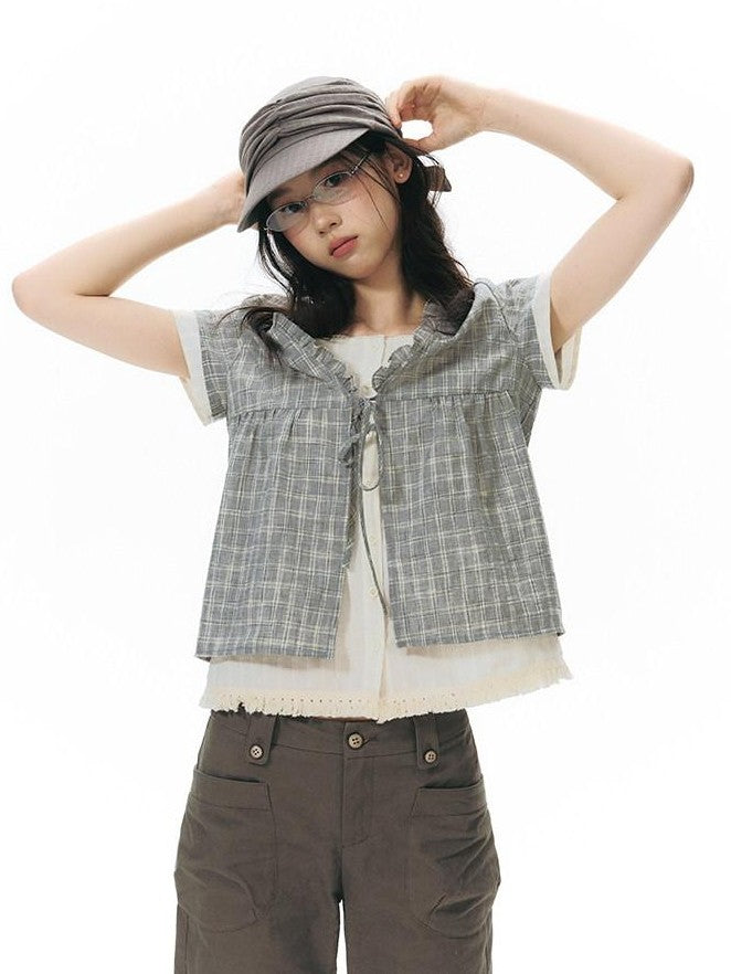 NAPSNAPS Grey Green Plaid Ruffle Tie V-neck Open Cardigan Women&