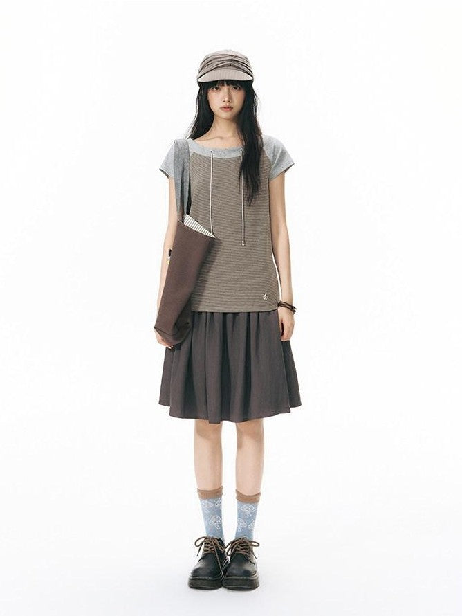NAPSNAPS Grey Red Stripe Embroidered Raglan One Shoulder Women&