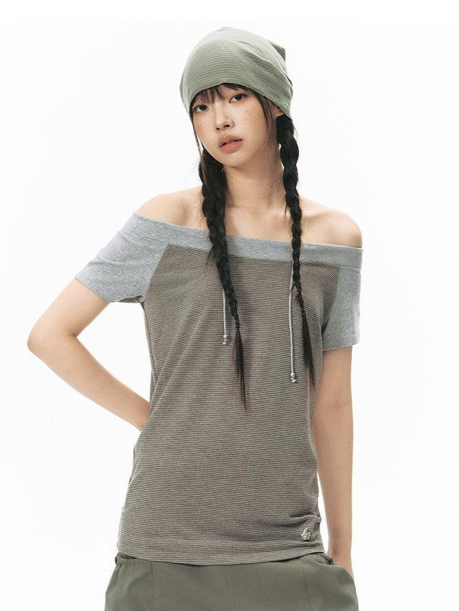 NAPSNAPS Grey Red Stripe Embroidered Raglan One Shoulder Women&