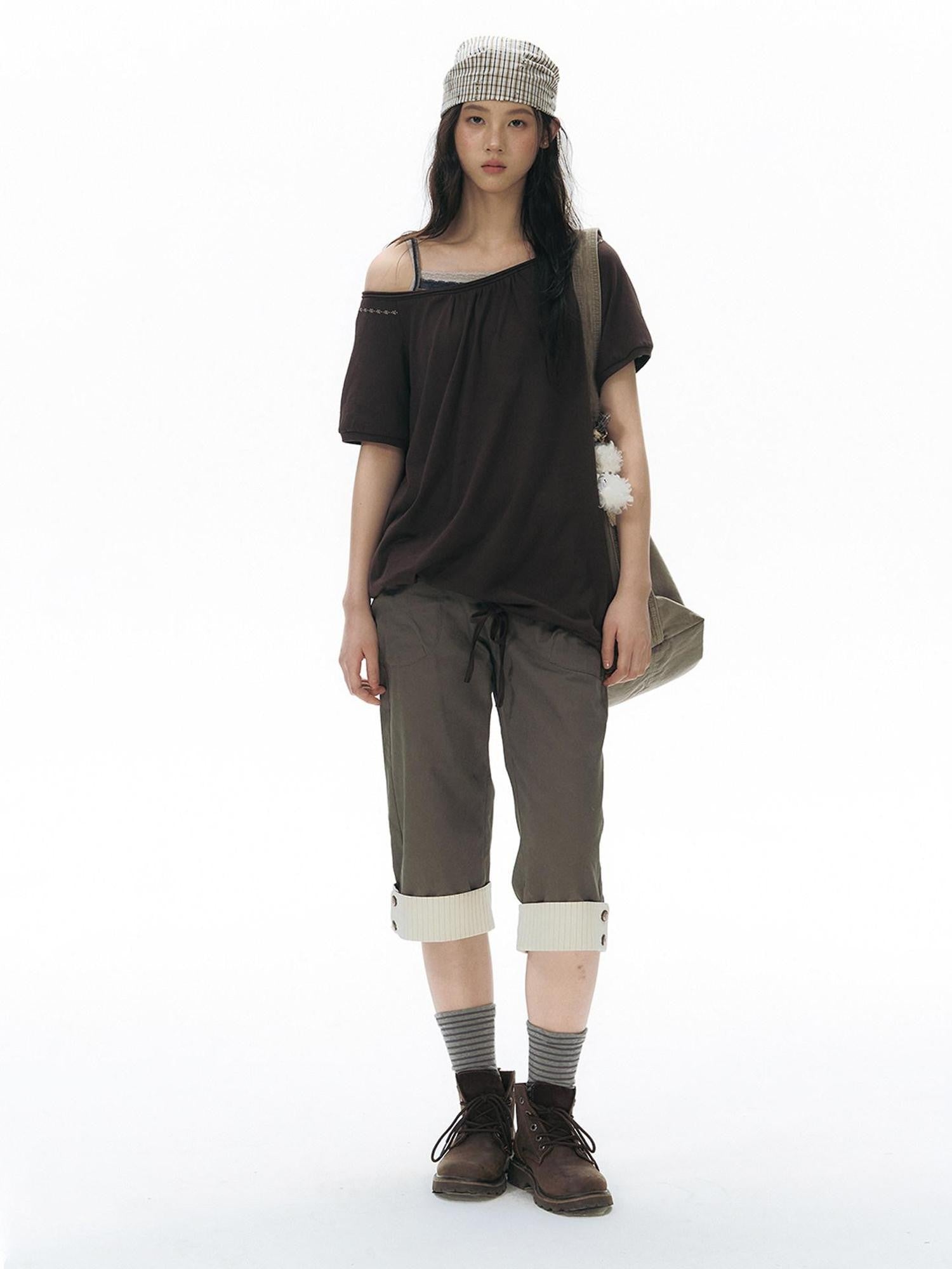 NAPSNAPS Grey Rolled Hem Patchwork Button Pocket Straight Women&