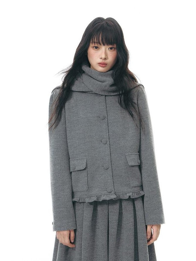 NAPSNAPS Heather Gray Knit Scarf Collar Lace Trim High Waisted Women&