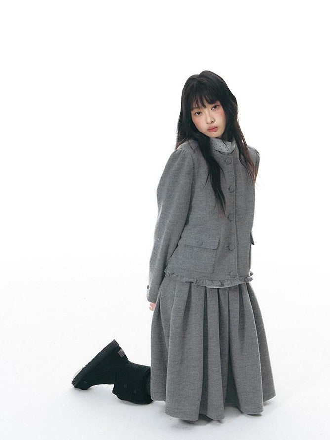 NAPSNAPS Heather Gray Knit Scarf Collar Lace Trim High Waisted Women&