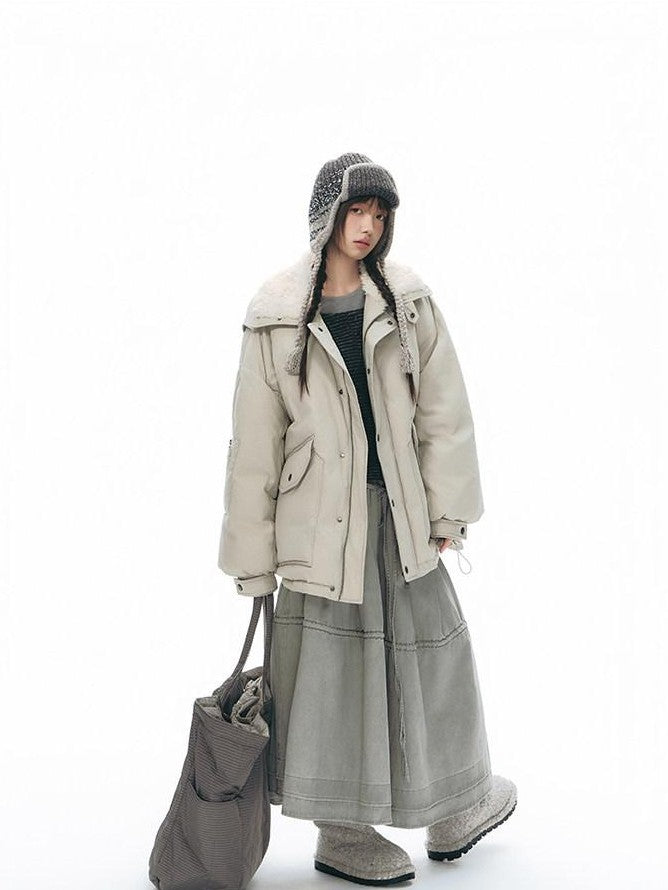 NAPSNAPS Khaki Large Pocket Fur Collar Workwear Women&