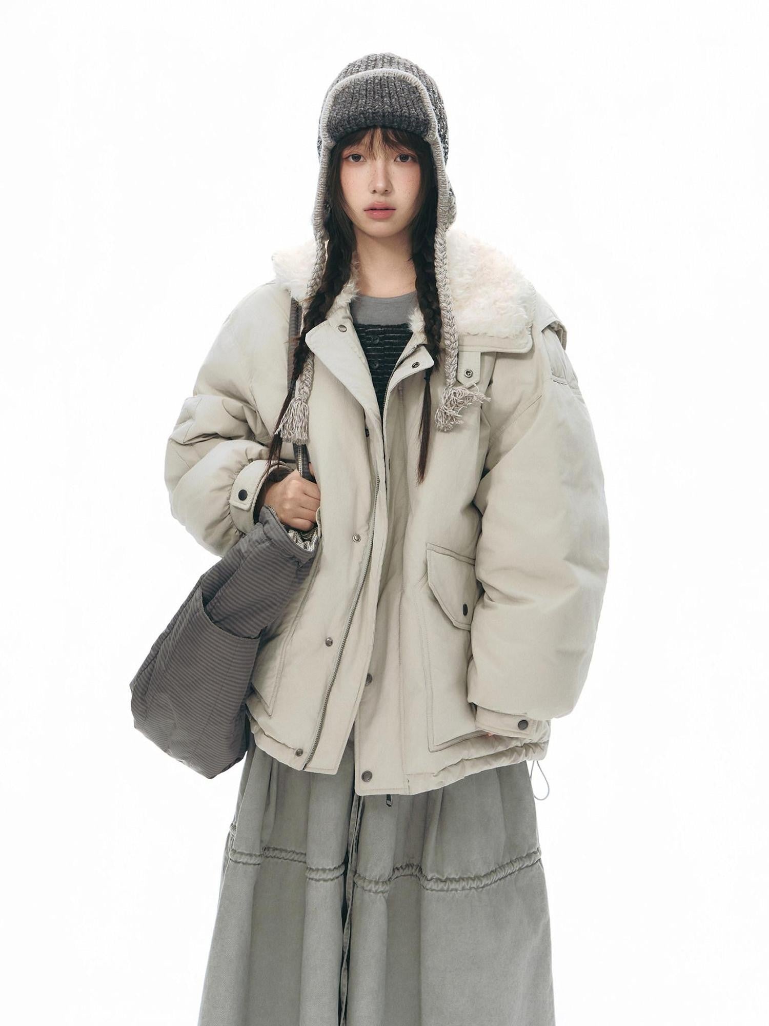 NAPSNAPS Khaki Large Pocket Fur Collar Workwear Women&