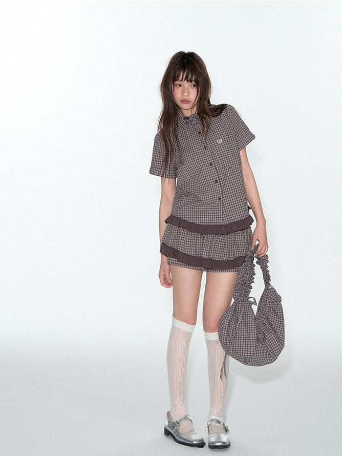 NAPSNAPS Lace Splice Plaid Double Layer A Line Shirred Women&