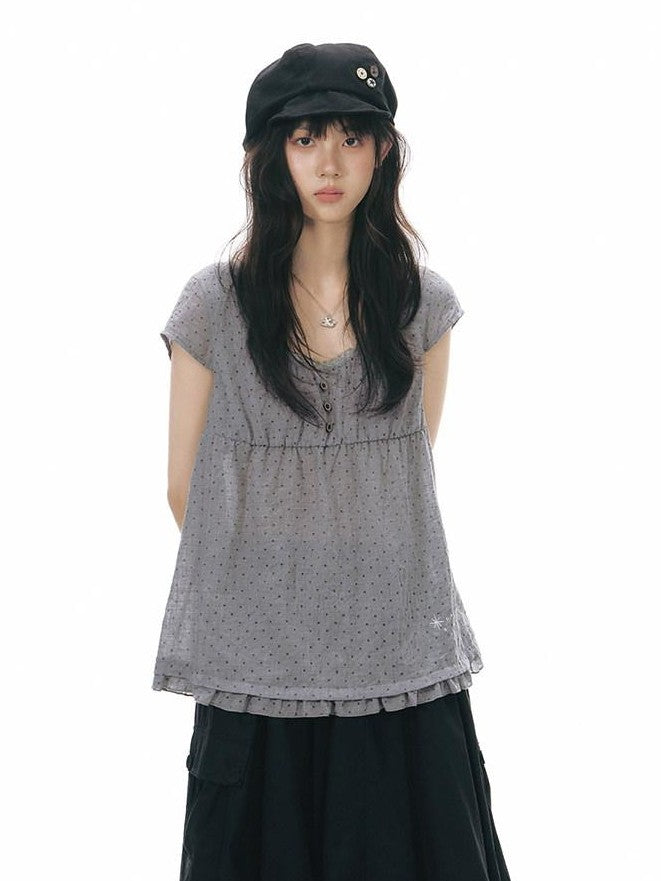 NAPSNAPS Lace Splice Ruffle Edge Embroidered Plaid Women&