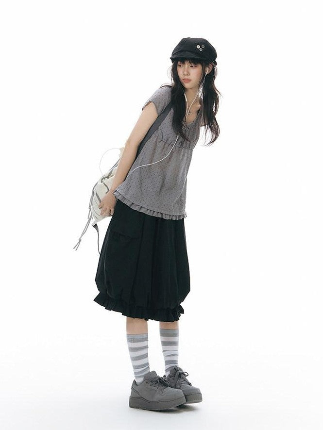 NAPSNAPS Lace Splice Ruffle Edge Embroidered Plaid Women&