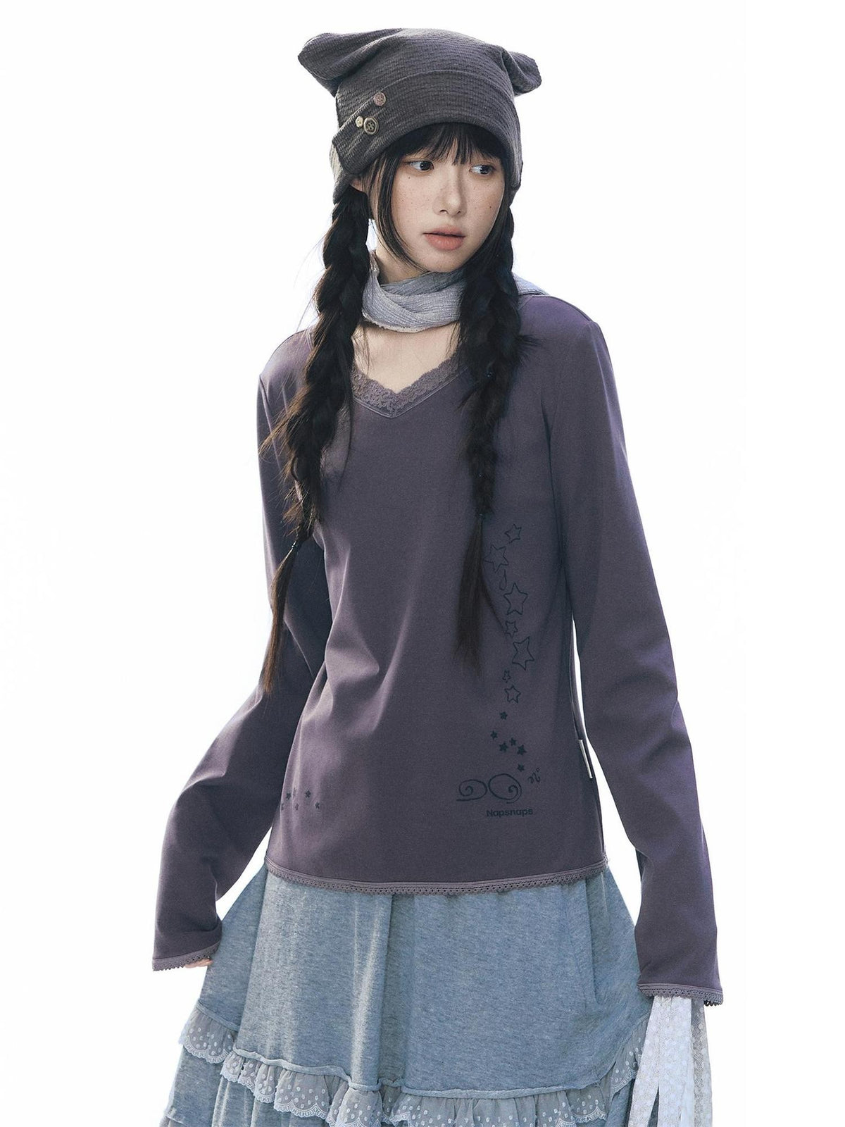 NAPSNAPS Lace V-neck Print Knit Women&