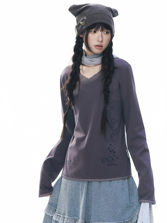 NAPSNAPS Lace V-neck Print Knit Women&