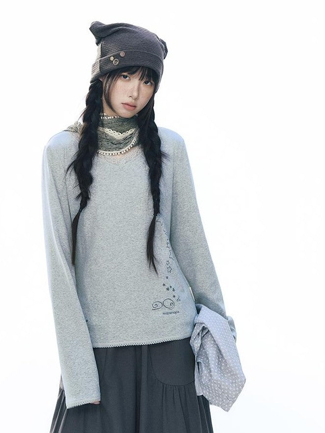 NAPSNAPS Lace V-neck Print Knit Women&