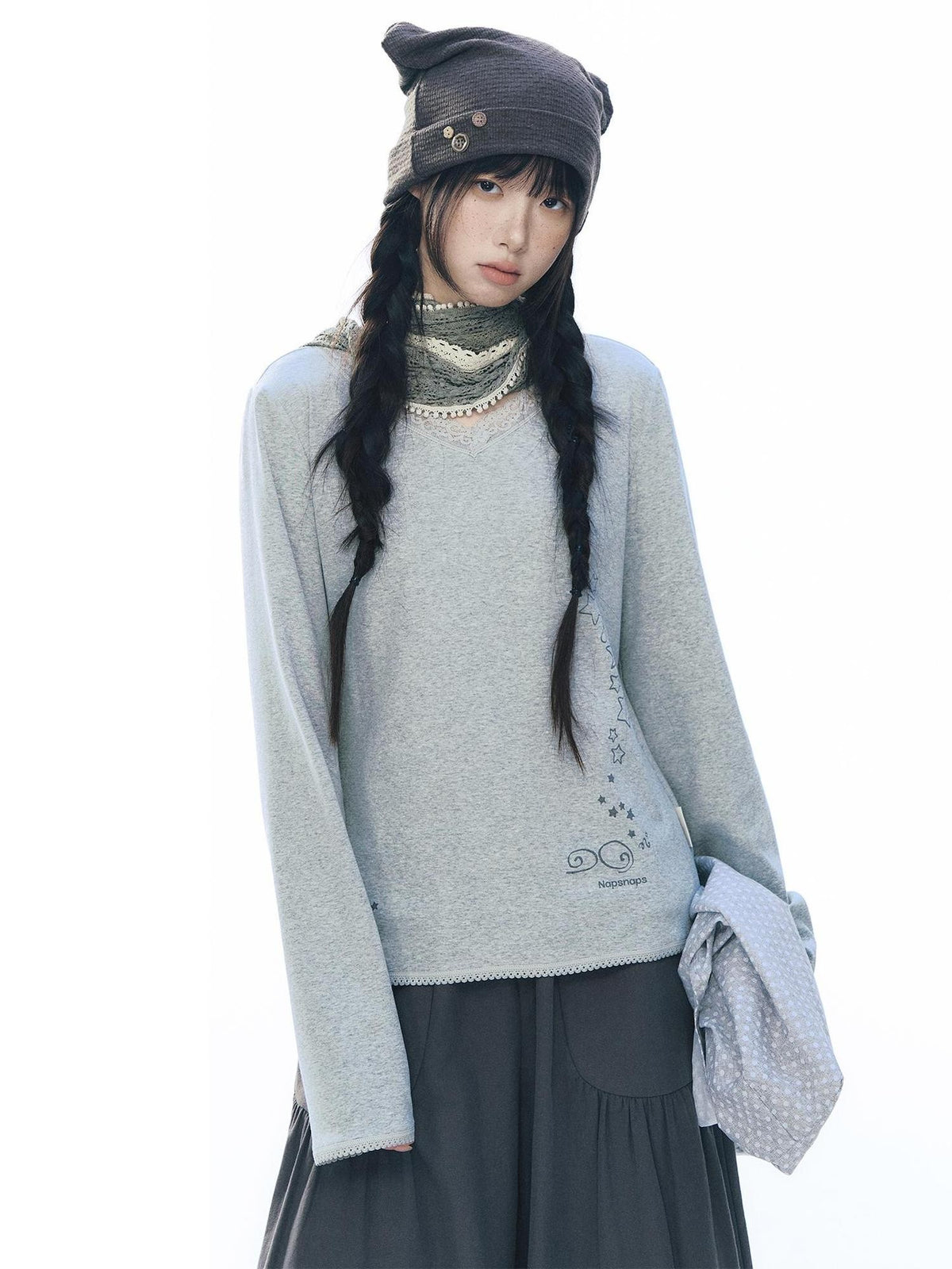 NAPSNAPS Lace V-neck Print Knit Women&