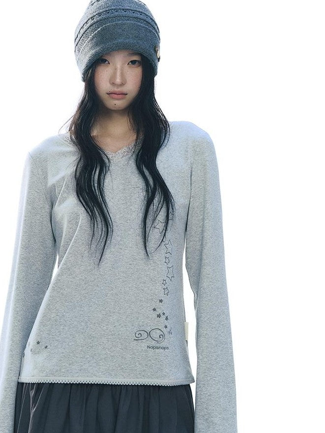 NAPSNAPS Lace V-neck Print Knit Women&