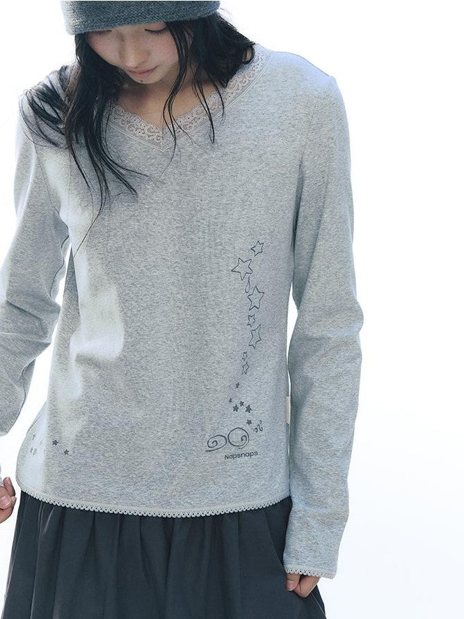 NAPSNAPS Lace V-neck Print Knit Women&
