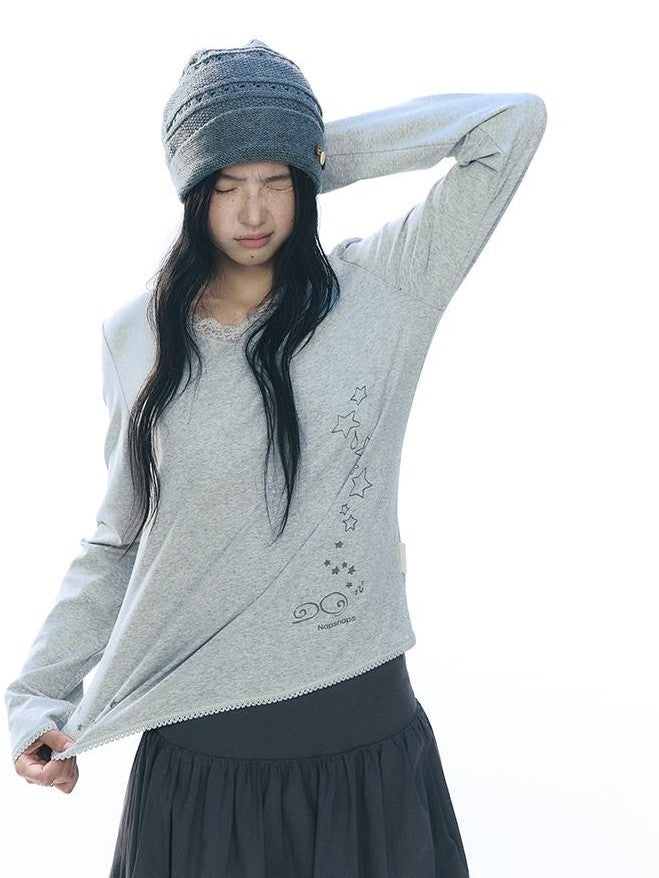 NAPSNAPS Lace V-neck Print Knit Women&