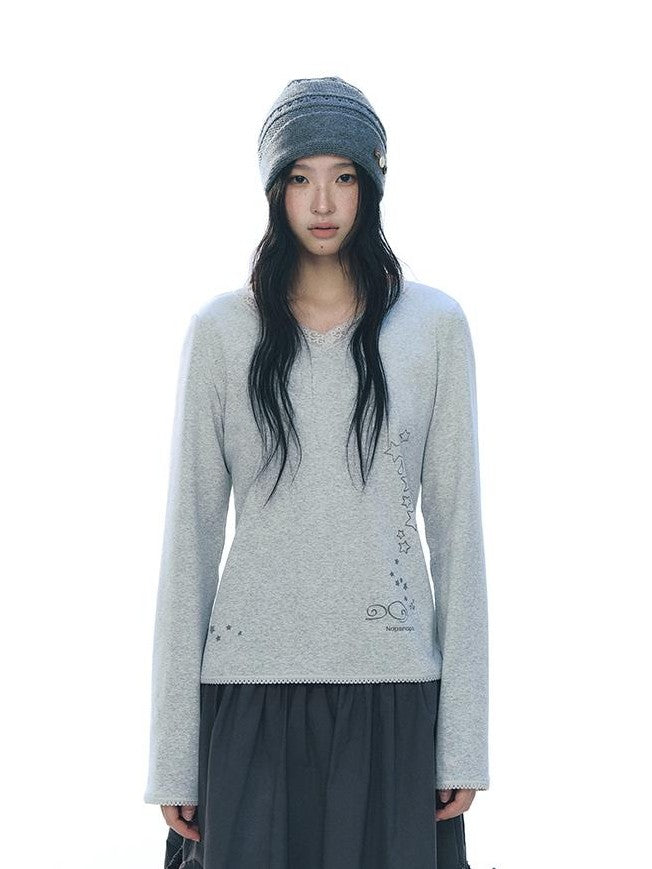 NAPSNAPS Lace V-neck Print Knit Women&